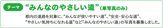  テーマ“みんなのやさしい道”（単写真のみ）都内の道路を対象に、“みんなが使いやすい道”、“安全・安心な道”、 “やさしい気持ちになれる道”など「みんなのやさしい道」の写真を募集しました。