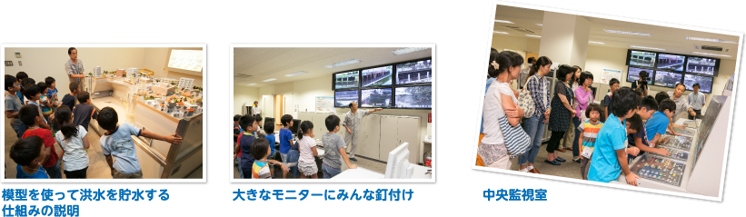 模型を使って洪水を貯水する仕組みの説明　大きなモニターにみんな釘付け　中央監視室