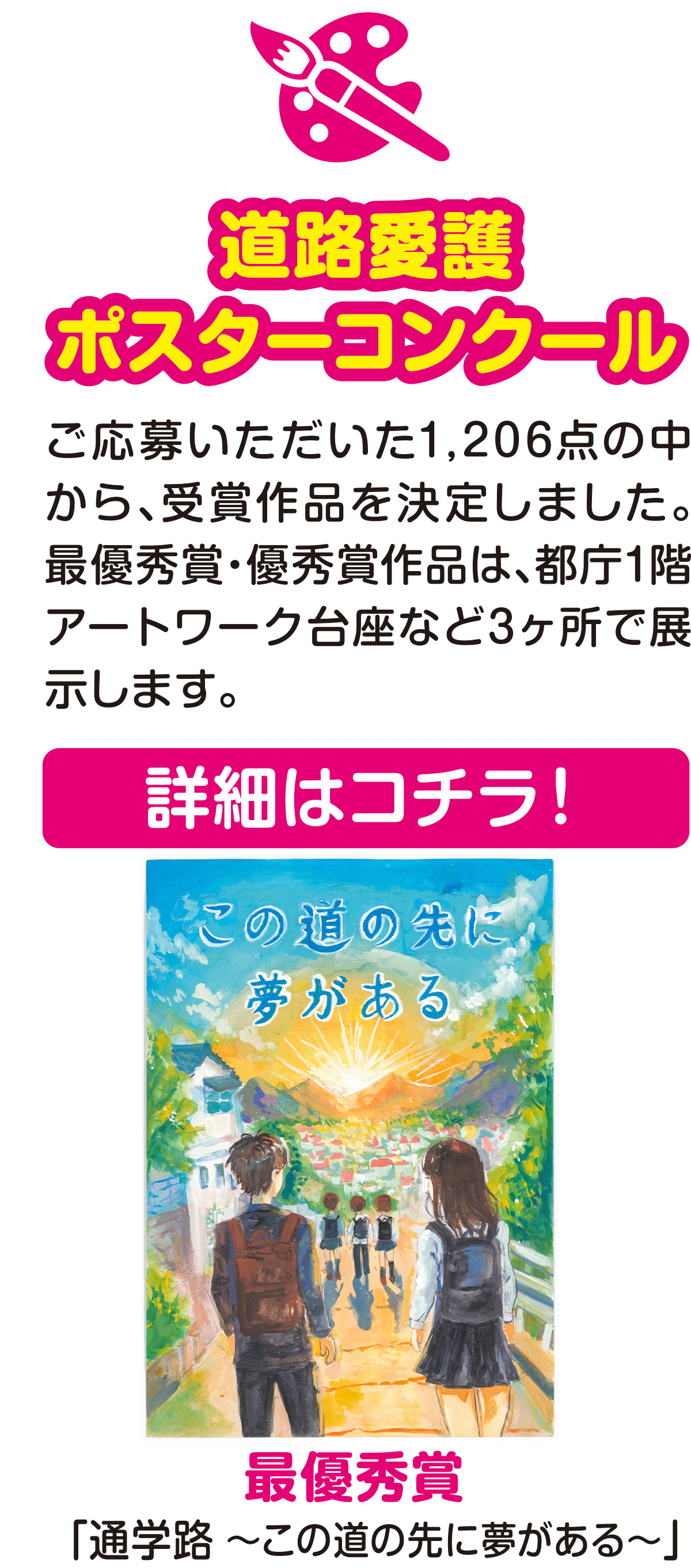 道路愛護
ポスターコンクール
ご応募いただいた1,206点の中から、受賞作品を決定しました。最優秀賞・優秀賞作品は、都庁1階アートワーク台座など3ヶ所で展示します。
詳細はコチラ!